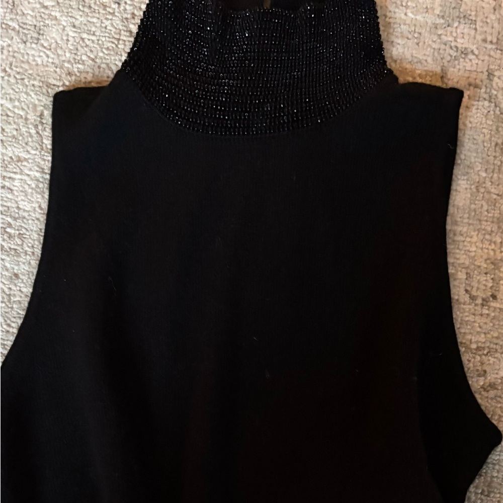 Ralph Lauren Black Label Cashmere Sleeveless Beaded Mock Turtleneck Sweater